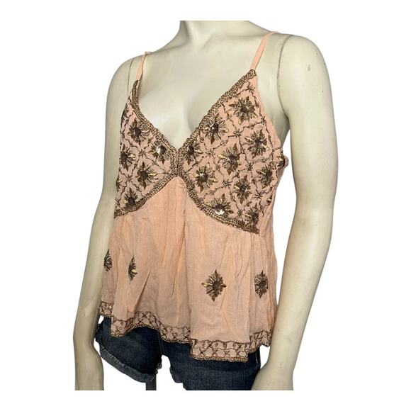 Boho Embroidered Camisole Women's Size M Peach Adjustable Straps Floral tank - Picture 3 of 6